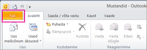 Valige Outlook 2010 menüü Fail.