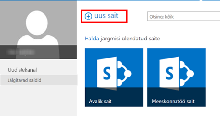 SharePoint Online’i leht Saidid, kus on kuvatud nupp Uus sait