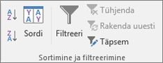 Menüü Andmed jaotis Sortimine ja filtreerimine