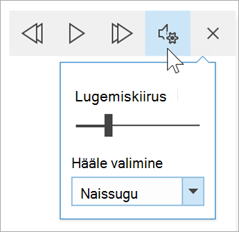 Süvalugeri häälesuvandite tööriistariba kuvatõmmis. Hiir hõljub sätete kohal, mis näitavad lugemiskiiruse lülitit ja häälvaliku ripploendit