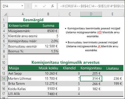 Näide funktsioonide IF ja OR kasutamisest müügivahendustasu arvutamisel.