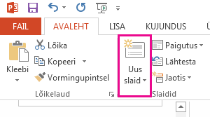 Suvand Uus slaid asub menüüs Avaleht.