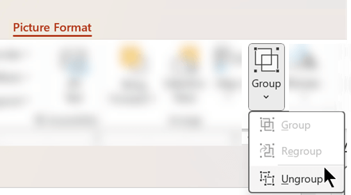 Käsk Tühista rühmitamine asub PowerPointi lindi menüüs Pildivorming.