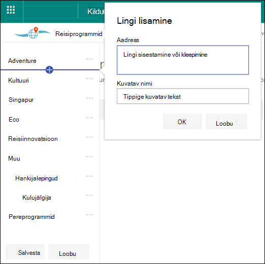 SharePointi keskuse navigeerimise redigeerimine