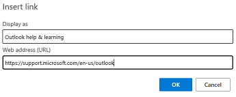 Dialoogiboks Lingi lisamine Outlooki veebirakenduses.