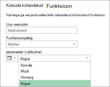 Dialoogiboks Kohandatud funktsiooni käivitamine