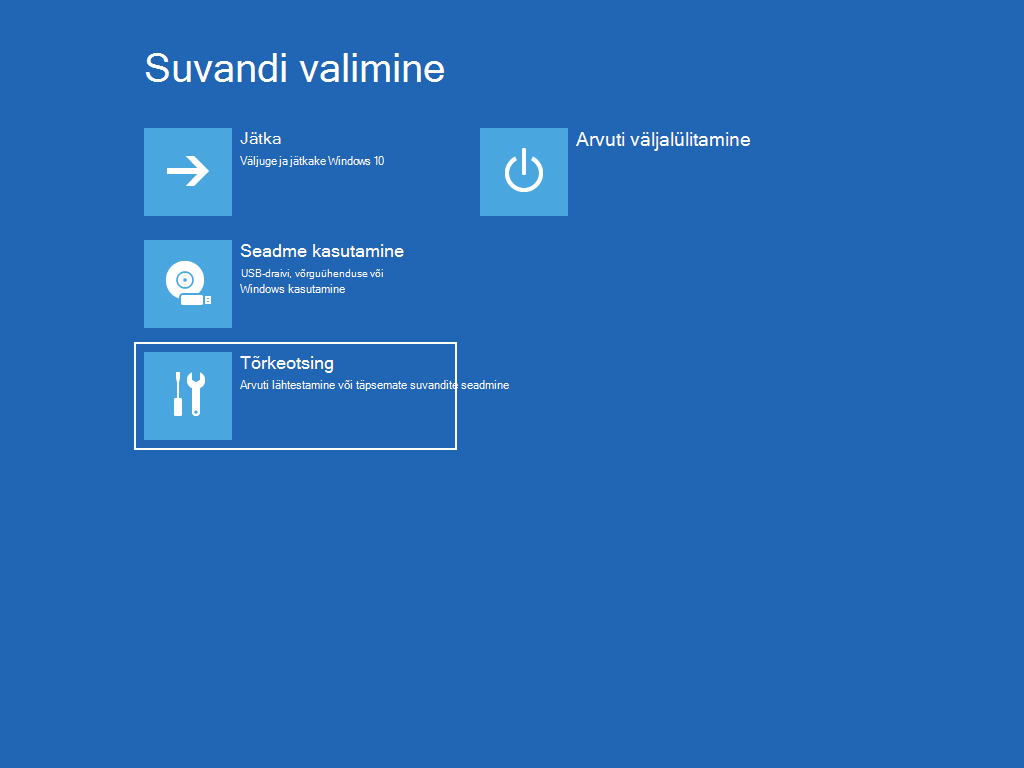 Kuvab kuva "Valige suvand", kus on valitud suvand "Tõrkeotsing".