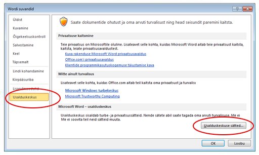 Wordi suvandid, mis kuvavad Usalduskeskuse sätteid