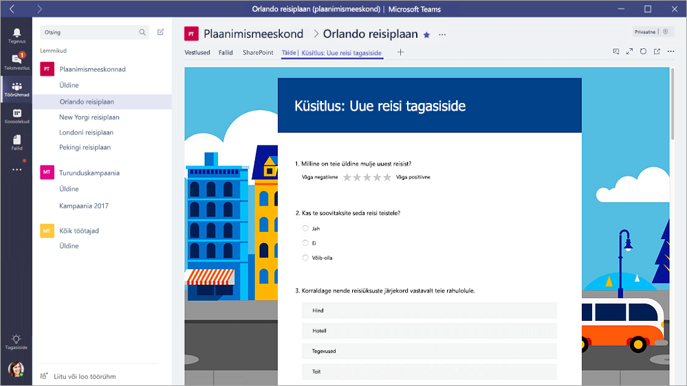 Menüü Vormid Microsoft Teams, mis kuvab vormi "Täide" režiimis