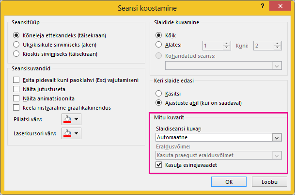 Kuvari suvandid dialoogiboksis Seansi koostamine