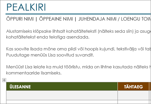 Uus projektitoimingute loendi mall, mille vähim fondisuurus on 11 punkti.