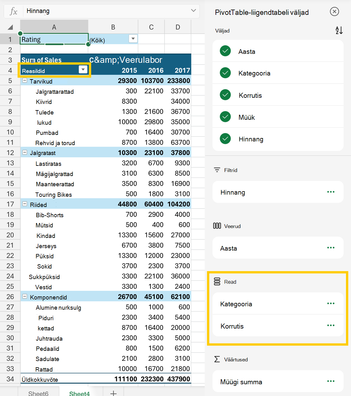 Väljaloendi ridade ala ja PivotTable-liigendtabeli reasiltide pilt.