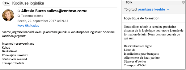 See sõnum tõlgiti inglise keelest prantsuse keelde Outlook Translatori Add-In