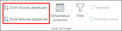 Exceli tõusvas järjestuses või laskuvas järjestuses sortimine menüüs Andmed