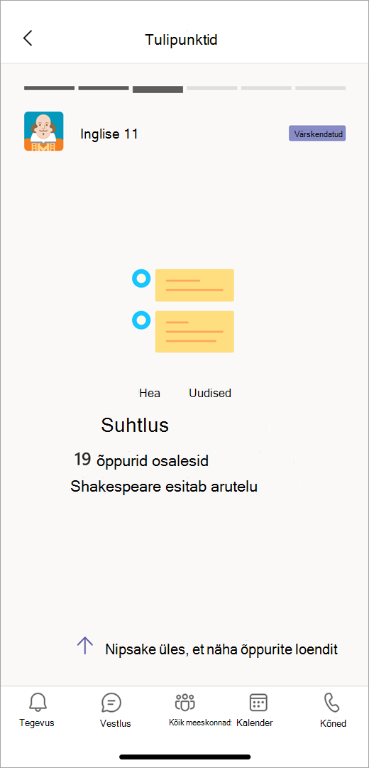 Mobiilivaates Insightsi suhtlusandmete tulipunkt näitab õpetajale, et Shakespeare'i arutelus osales 19 õpilast.