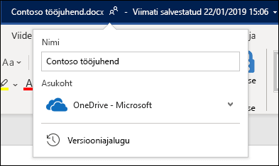 Word for Office 365 dokumendi pealkirja rippmenüü