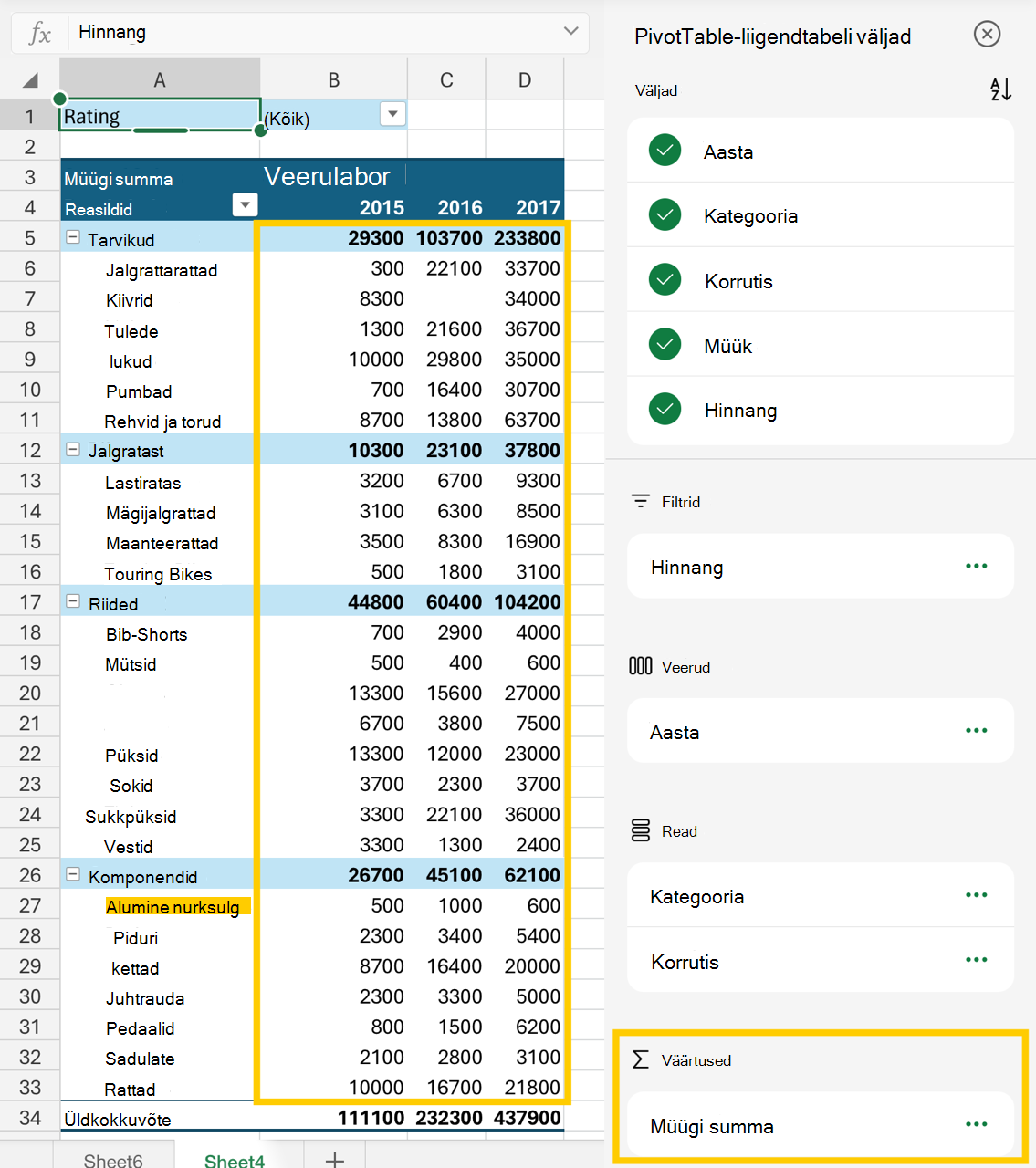 Pilt väljaloendi väärtustealast ja PivotTable-liigendtabeli arvväärtustest.