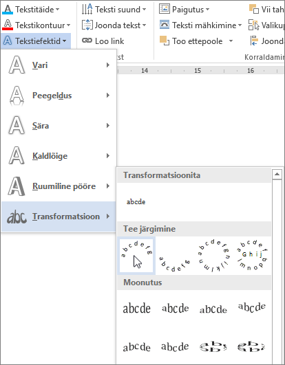 Teksti kõvera transformatsiooniefekti valimine