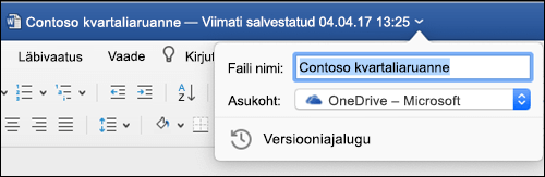 Failitoimingute dialoogiboks, mis käivitatakse Wordi dokumendi tiitliriba klõpsamisega.