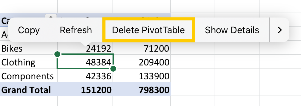 Käsk Kustuta PivotTable-liigendtabel iPadi kontekstimenüüst.