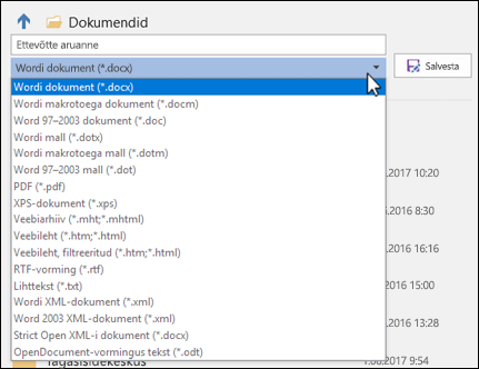 Oma dokumendile muu failivormingu valimiseks klõpsake failitüübi ripploendit.