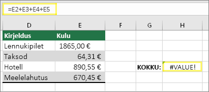 H4 väärtusega =E2+E3+E4+E5 ja tulemiga #VALUE!