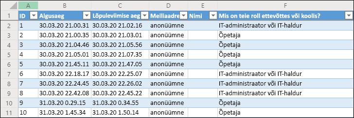 Excel töövihikus küsitluse tulemite kuvamine