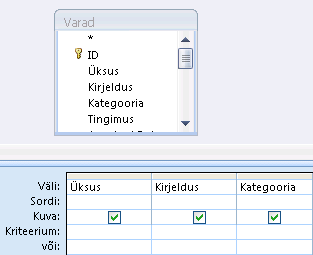 Päring koos kujundusruudustikus oleva kolme väljaga