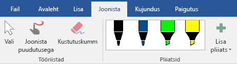 Office 2019 menüü Joonista pliiatsid ja markerid