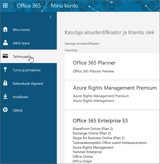 Office 365 tellimuste leht