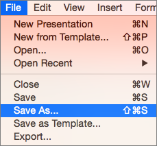 Kuvab menüü Fail > Salvesta nimega rakenduses PowerPoint 2016 for Mac.