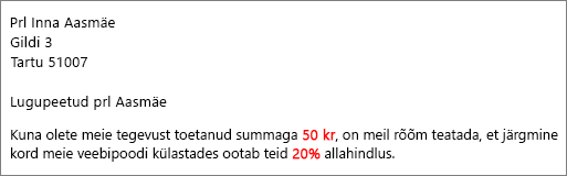 Kirjakooste tulemuste dokumendis on kirjas fraasid „Teie 50-dollariline panus“ ja „pakume teile 20%-list allahindlust.“