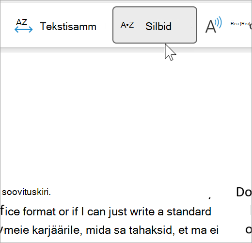 Kuvatõmmis süvalugeri silbifunktsioonist ja mõne sõna kuvamisest meilisõnumis, mis on eraldatud silpideks. the word recommendation is shown as rec dot om dot men dot da dot tion