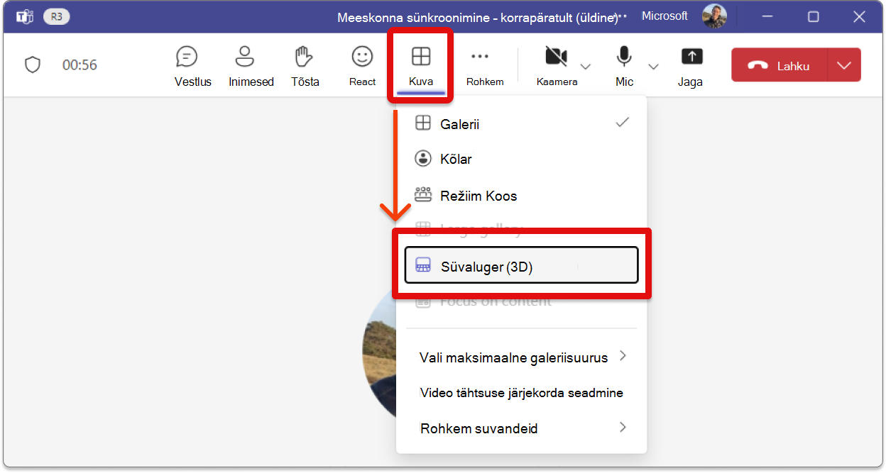 Kuvatõmmis Teamsi koosolekust, kus on kuvatud vaade ja seejärel süvalugeri (3D) valik.