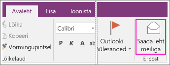 Kuvatõmmis OneNote 2016 nupust Saada leht meiliga.