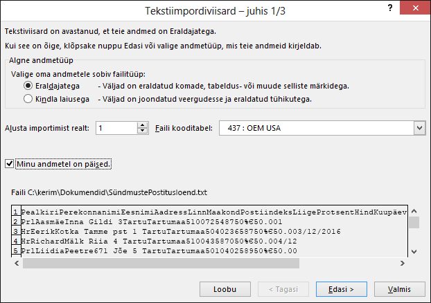 Exceli Välisandmete toomine tekstist, tekstiimpordiviisardi etapp 1 / 3