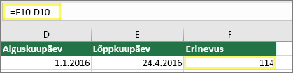 Lahter D10 väärtusega 1/1/2016, lahter E10 väärtusega 4/24/2016, lahter F10 valemiga =E10-D10 ja tulemiga 114