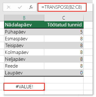 Viga #VALUE! funktsioonis TRANSPOSE