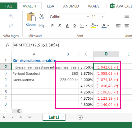 See lahtrivahemik, B2:D8, on andmetabel