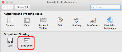 Klõpsake dialoogiboksi PowerPointi eelistused jaotises Väljund ja ühiskasutus nuppu Slaidiseanss.