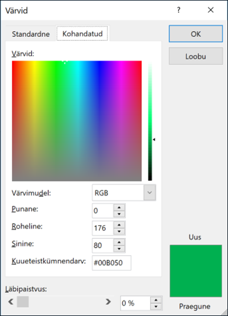 Värvivalija Office'i rakendustes. RGB-väljade all on uus väli heksivärvi väärtuse sisestamiseks.