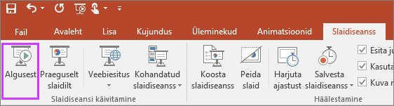 Kuvab PowerPointi menüü Slaidiseanss nupu „algusest“