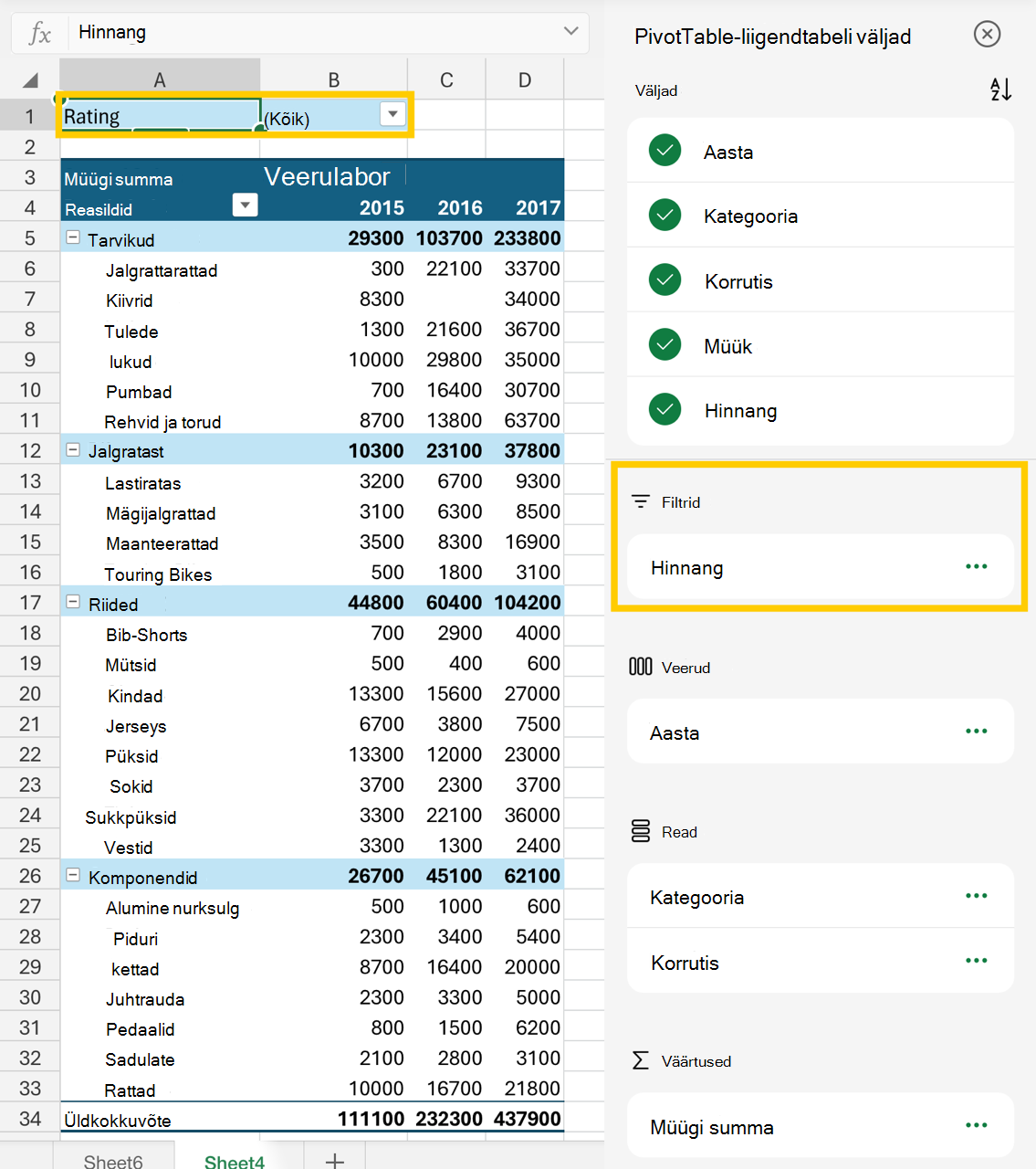 Väljaloendi ja PivotTable-liigendtabeli filtriala pilt.