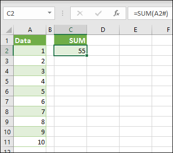 Ülevoolanud vahemiku tehtemärk tervetele ülevoolanud massiivivahemikele viitamiseks funktsiooniga =SUM(A2#).