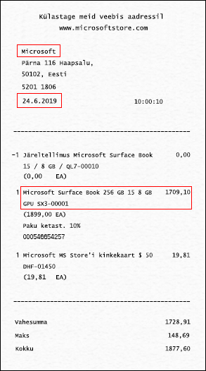 Kviitungil (või ostu tõendaval dokumendil) peaks olema märgitud, kust seade osteti, ostmise kuupäev ja seadme nimi (kirjeldus).