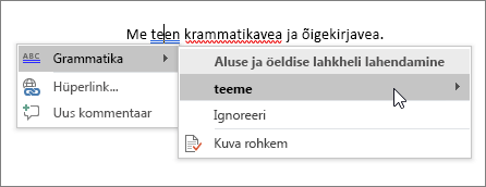 Office 365 õigekirja- ja grammatikakontrolli näide