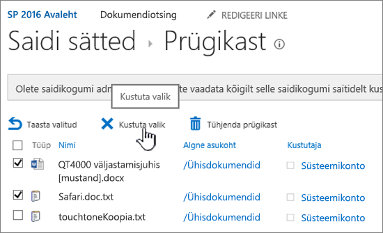 SharePoint 2016 leht Prügikast nupu Kustuta esiletõstuga