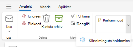 Kuvatõmmis Outlooki lindist, kus on kuvatud kiirtoimingute haldamise säte