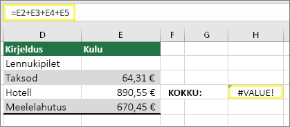 Lahter H4 väärtusega =E2+E3+E4+E5 ja tulemiga #VALUE!