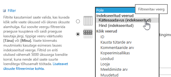 Valige SharePoint Online’is indekseeritud väli